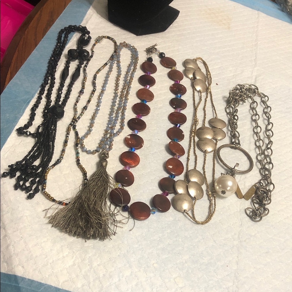 Vintage Multi-Strand Fashion Necklace Lot in Black, Brown, Gold, Silver